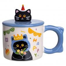 Чашка порцелянова з кришкою Kitten's Birthday 400 (мл) подарункова кружка прикольна чашка для дітей на подарунок Синій FM-24A Чашка порцелянова з кришкою Kitten's Birthday 400 (мл) подарункова кружка прикольна чашка для дітей на подарунок Синій FM-24A