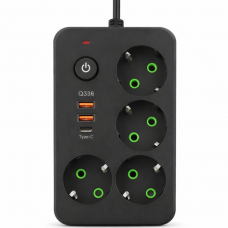 Мережевий фільтр-подовжувач 4 розетки 2xUSB-A 1xUSB-C 3м чорний HP-5-46 Мережевий фільтр-подовжувач 4 розетки 2xUSB-A 1xUSB-C 3м чорний HP-5-46