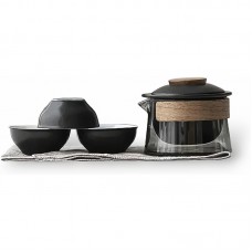 Дорожный чайный набор HR-068 заварник 240 ml стеклянный + 3 пиалы с чехлом Black