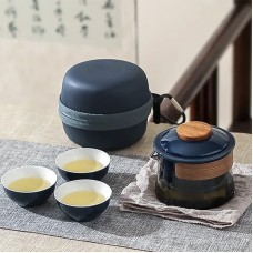 Дорожный чайный набор HR-068 заварник 240 ml стеклянный + 3 пиалы с чехлом Blue