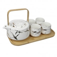 Чайный сервиз Мраморная роскошь чайник 4 чашки с деревянной подставкой набор для чаепития White