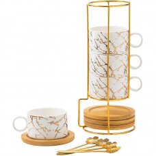 Набор чашек Мраморная роскошь 4 шт с бамбуковым блюдцем подставкой ложкой для чая кофе White