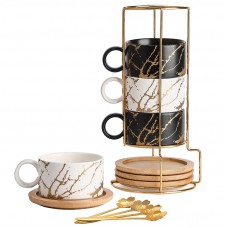 Набор чашек Мраморная роскошь 4 шт с бамбуковым блюдцем подставкой ложкой для чая кофе Black + White