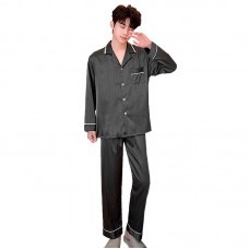 Шелковый комплект мужской пижамы TX0030 Черный рубашка с длинным рукавом и штанами атласная 2XL