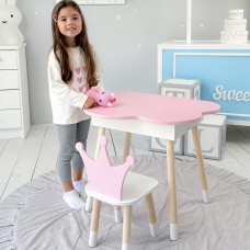 Столик хмаринка з відкидною нішею 54х68х50 і стільчик корона 26.5х26х25, стіл та стілець в дитячу, рожевий з білим Столик хмаринка з відкидною нішею 54х68х50 і стільчик корона 26.5х26х25, стіл та стілець в дитячу, рожевий з білим