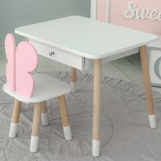 Стіл прямокутний з шухлядою 46х60х45 і стілець метелик 26.5х26х25, столик та стільчик для дівчачої кімнати, рожевий з білим