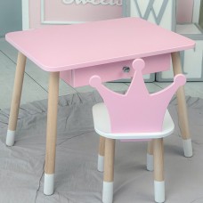 Стіл прямокутний з ящиком 46х60х45 і стілець корона 26.5х26х25, столик та стільчик в дитячу, рожевий з білим