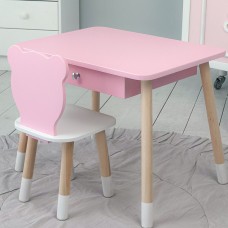 Стіл прямокутний з шухлядою 46х60х45 і стілець медвежа 26.5х26х25, столик та стільчик для дитячої кімнати, рожевий з білим