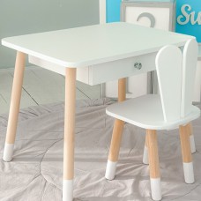 Стіл прямокутний з ящиком 46х60х45 і стілець вушка кролика 26.5х26х25, столик та стільчик в дитячу, білий