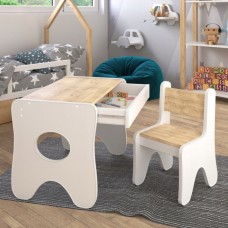 Набір дитячих меблів столик з ящиком та стільчик 70×45×51, стіл та стілець для дітей, білий з деревом Набір дитячих меблів столик з ящиком та стільчик 70×45×51, стіл та стілець для дітей, білий з деревом