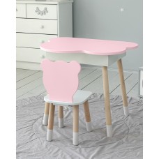 Столик хмаринка з нішею для речей 54х68х50 і стільчик спинка медведик 26.5х26х25, стіл та стілець в дитячу, білий з рожевим