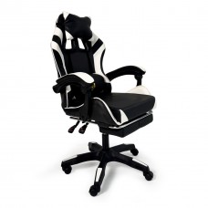 Геймерське крісло Primaveo з ергономічними подушками та висувною підставкою для ніг, Чорний/Білий