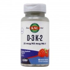 Витамины D-3 и K-2, Vitamin D-3 K-2, KAL, вкус красной малины,  1000 МЕ/45 мкг MK-7, 60 микротаблеток