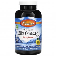 Рыбий жир Омега-3, Elite Omega-3, Carlson, лимон, норвежский, 1600 мг, 180 гелевых капсул (800 мг на 1 капсулу)