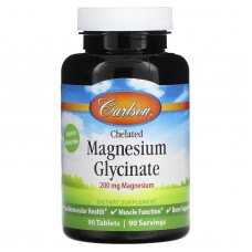 Магний глицинат хелат, Chelated Magnesium Glycinate, Carlson, 200 мг, 90 таблеток
