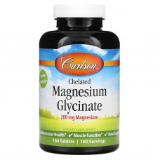 Магний глицинат хелатный, Chelated Magnesium Glycinate, Carlson, 200 мг, 180 таблеток