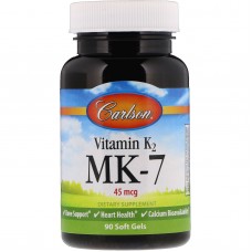 Витамин K2 MK-7, Vitamin K2 MK-7, Carlson, 45 мкг, 90 гелевых капсул