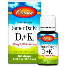 Витамин D-3 и Витамин К-2, Super Daily D3+K2, Carlson, жидкость, 50 мкг (2000 МЕ) и 45 мкг, 10,16 мл