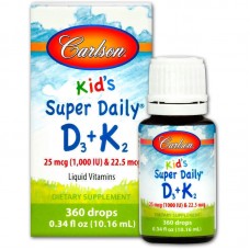 Витамин D-3 и Витамин К-2, для детей, Super Daily D3+K2, Carlson, жидкость, 25 мкг (1000 МЕ) и 22,5 мкг, 10,16 мл