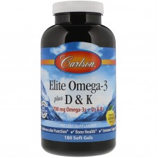 Омега 3 + витамин D3 и витамин К, Omega-3 Plus D & K, Carlson, 180 гелевых капсул