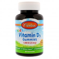 Витамин D3 для детей, Vitamin D3 Gummies, Carlson, фруктовый вкус, 1,000 МЕ, 60 жевательных конфет