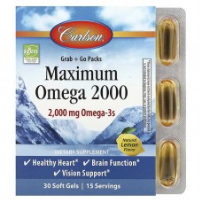 Омега с натуральным вкусом лимона, Maximum Omega 2000, Carlson, 2000 мг, 30 гелевых капсул (1000 мг на мягкую гелевую капсулу)