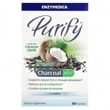 Активированный уголь из кокоса, Activated Coconut Charcoal+, Enzymedica, Purify, для веганов, 60 капсул