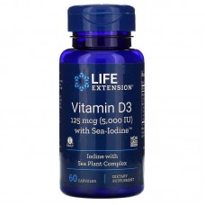 Витамин D3, Vitamin D3, Life Extension, с йодом, 5000 МЕ (125 мкг), 60 капсул