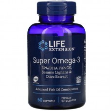 Омега-3, Super Omega-3, Life Extension,  рыбий жир EPA/DHA, лигнаны кунжута и экстракт оливок, 60 гелевых капсул