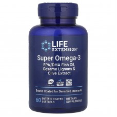 Омега-3, рыбий жир, Super Omega-3, EPA/DHA Fish Oil, Life Extension, лигнаны кунжута и экстракт оливок, 60 гелевых капсул капсул с энтеросолюбильной оболочкой