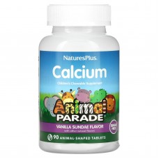 Кальций для детей, Calcium Children’s Chewable, Nature's Plus, Animal Parade, ваниль, без сахара, 90 жевательных таблеток в форме животных