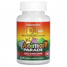 Витамин D-3, Vitamin D 3, Nature's Plus, Animal Parade, вкус черной вишни, без сахара, 500 МЕ, 90 жевательных конфет