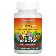 Витамин D-3, Vitamin D 3, Nature's Plus, Animal Parade, вкус черной вишни, 500 МЕ, 90 жевательных конфет