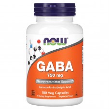 Гамма-аминомасляная кислота, GABA, Now Foods, 750 мг, 100 капсул