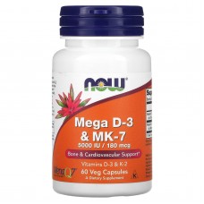 Витамин D3 и МК-7, Mega D-3 & MK-7, Now Foods, 180 мкг (5000 МЕ), 60 вегетарианских капсул