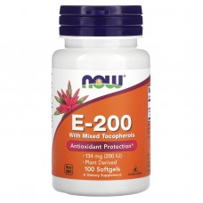 Витамин Е со смешанными токоферолами, E-200, Now Foods, 134 мг (200 МЕ), 100 гелевых капсул