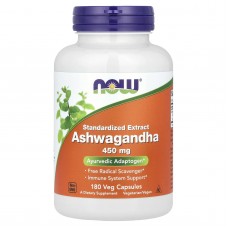 Ашваганда, Ashwagandha, Now Foods, стандартизированный экстракт, 450 мг, 180 вегетарианских капсул