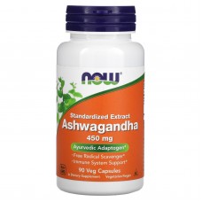 Ашваганда, Ashwagandha, Now Foods, стандартизированный экстракт, 450 мг, 90 вегетарианских капсул