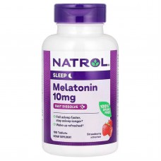 Мелатонин, Melatonin, Natrol, максимальная сила, вкус клубники, быстрорастворимый, 10 мг, 100 таблеток