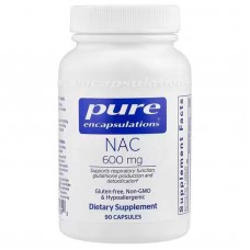 NAC (N-ацетилцистеин), NAC (n-acetyl-l-cysteine), Pure Encapsulations, поддержка дыхательной функции, вырtions, поддержка дыхательной функции, выработки глутатиона и детоксикации, 600 мг, 90 капсул
