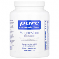 Магний глицинат, Magnesium (glycinate), Pure Encapsulations, для снятия стресса, сна, здоровья сердца, нервов, мышц и метаболизма, 120 мг, 360 капсул