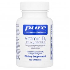 Витамин D3, Vitamin D3, Pure Encapsulations, для поддержки здоровья костей, суставов, груди, простаты, сердца, толстой кишки и иммунитета, 5,000 МЕ, 120 капсул