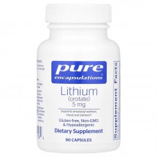 Литий (оротат), Lithium (Orotate), Pure Encapsulations, Литий (оротат), Lithium (Orotate), Pure Encapsulations, с N-ацетил-L-цистеином (NAC) для улучшения памяти и работы мозга, 5 мг, 90 капсул