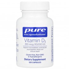 Витамин D3, Vitamin D3, Pure Encapsulations, для поддержки здоровья костей, суставов, груди, простаты, сердца, толстой кишки и иммунитета, 250 мкг (10 000 МЕ), 120 капсул