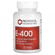 Витамин Е, E-400, Protocol for Life Balance, смешанные токоферолы и селен, 268 мг (400 МЕ), 120 гелевых капсул