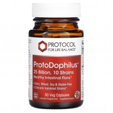 Пробиотики дофилус, ProtoDophilus, Protocol for Life Balance, 25 млрд КОЕ, 10 штаммов, 50 веганских капсул