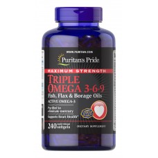 Омега 3-6-9, льняное масло и масло огуречника, Omega 3-6-9 Fish Oil, Puritan&#39;s Pride, тройная сила, 240 гелевых капсул