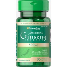 Женьшень американский, American Ginseng, Puritan's Pride, экстракт, 500 мг, 30 капсул