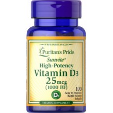 Витамин Д3, Vitamin D3, Puritan's Pride, 1000 МЕ, 100 капсул