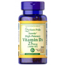 Витамин D3, Vitamin D3, Puritan's Pride, 25 мкг (1000 МО), 200 гелевых капсул